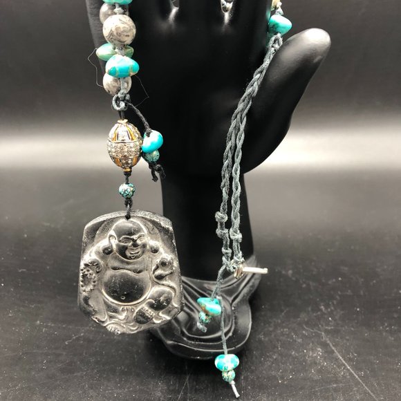 Necklace - Diamond Bead Budda Jade Pendant Picasso/Blue Jasper Beads